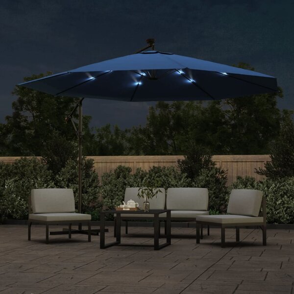 Parasol ogrodowy z LED, wiszący, niebieski, 350 cm