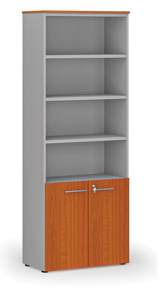 Szafa biurowa kombinowana PRIMA GRAY, drzwi na 2 poziomach, 800 x 420 x 2128 mm, szary/wiśnia