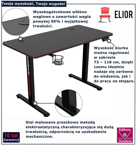 Czarne biurko regulowane elektrycznie z LED RGB G0-N74