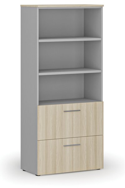Szafa z szufladami na teczki zawieszkowe PRIMO GRAY, 800 x 420 x 1781 mm, szary/dąb naturalny