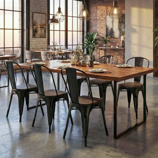 Zestaw 6 krzeseł HWC-A73 z drewnianym siedziskiem, krzesło bistro sztaplowane, metalowe, industrialne, sztaplowane ~ czarny