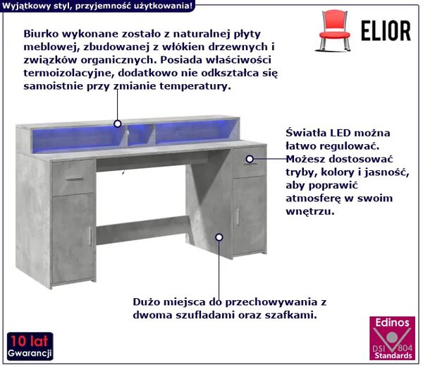 Biurko podświetlane 160 cm betonowa szarość H5-S85
