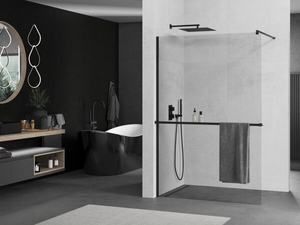 Mexen Kioto+ ścianka prysznicowa z półką Walk-in 90 x 200 cm, transparent, czarna - 800-090-121-70-00