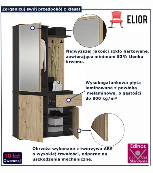 Nowoczesna garderoba do przedpokoju czarny + dąb artisan W9-K22