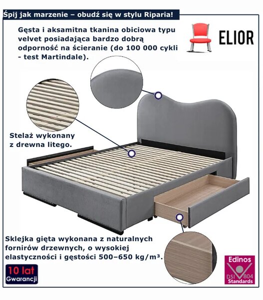 Łóżko szare tapicerowane z szufladami H0-B47