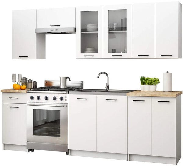 Biały komplet mebli kuchennych z witryną 240 cm G5-P05