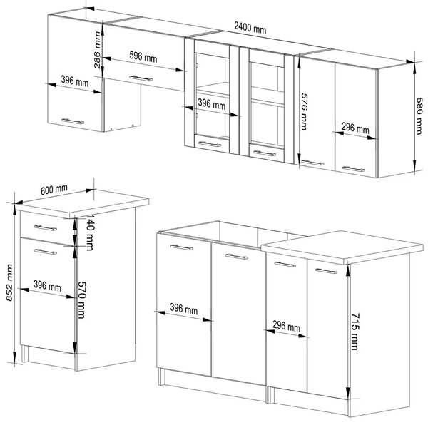 Zestaw mebli kuchennych z witryną beton 240 cm F3-P65