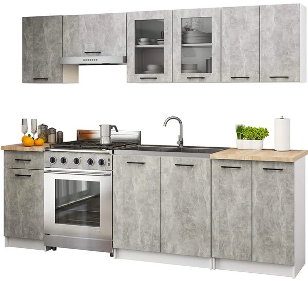 Zestaw mebli kuchennych z witryną beton 240 cm F3-P65