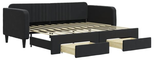 Sofa rozsuwana z szufladami, czarna, 90x200 cm, aksamit