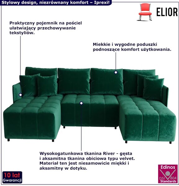 Welurowa zielona sofa rozkładana z pojemnikiem na pościel E6-N30