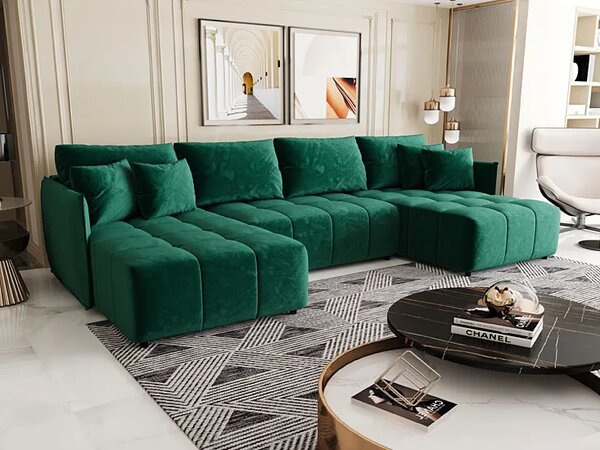 Welurowa zielona sofa rozkładana z pojemnikiem na pościel E6-N30