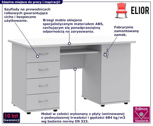 Białe biurko komputerowe z zamkiem i szufladami P0-G01