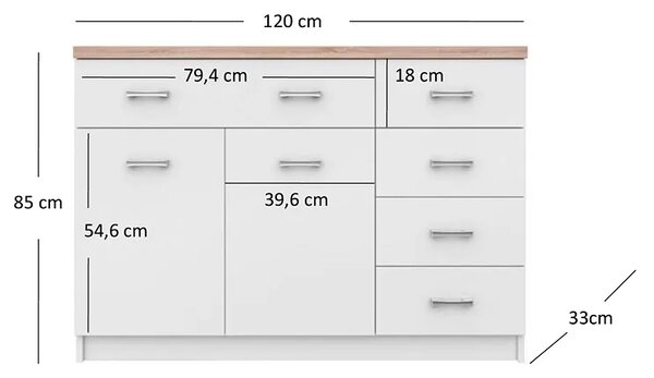 Biała komoda z szafką i 5 szufladami 120 cm T0-K67