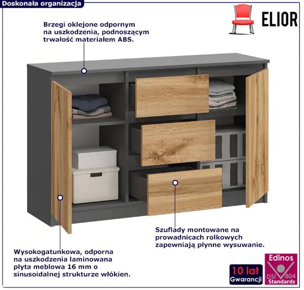 Komoda Z 3 Szufladami I Półkami Antracyt + Dąb Wotan R3-K19