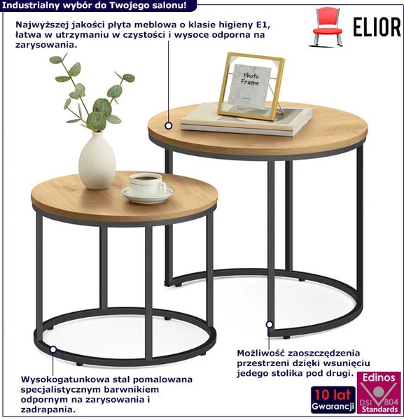 Komplet 2 Okrągłych Stolików Kawowych Dąb N9-B68