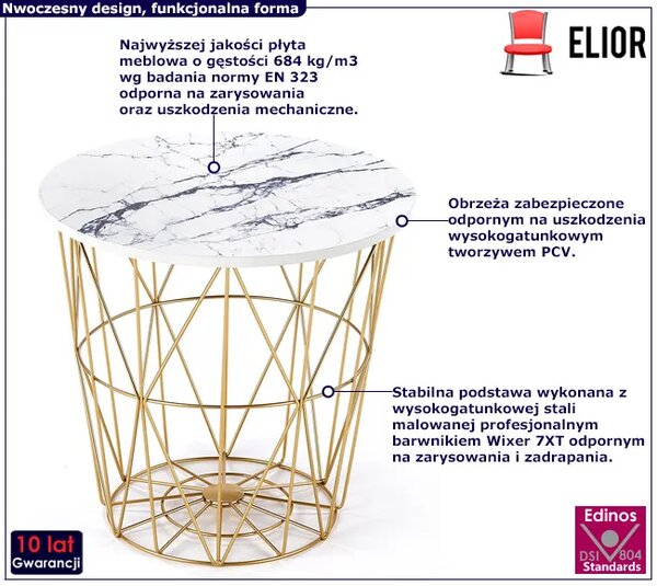 Biało - złoty druciany stolik kawowy z marmurkowym blatem G7-R70