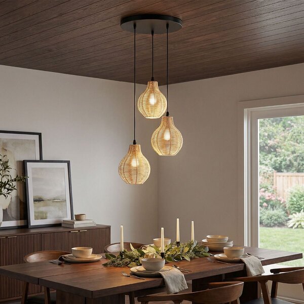 Lampa wisząca z 3 plecionymi rattanowymi kloszami