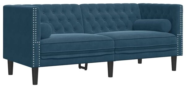 Sofa chesterfield z waÅkami, dwuosobowa, niebieska, aksamit