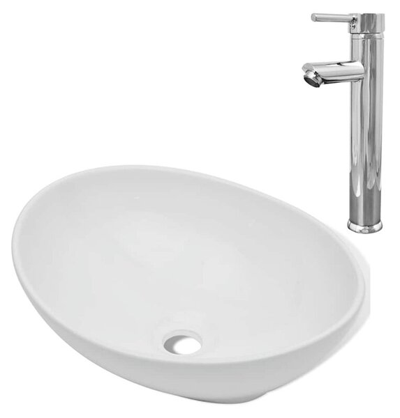 Umywalka z baterią mieszającą, ceramiczna, owalna, biała