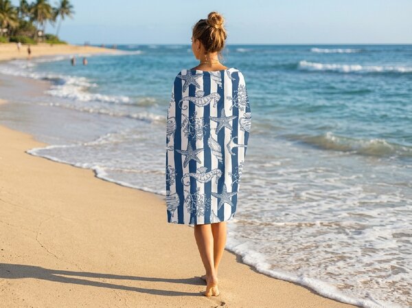 Szybkoschnący ręcznik plażowy NAUVIA niebiesko-biały 70 x 140 cm, 100% mikrofibra