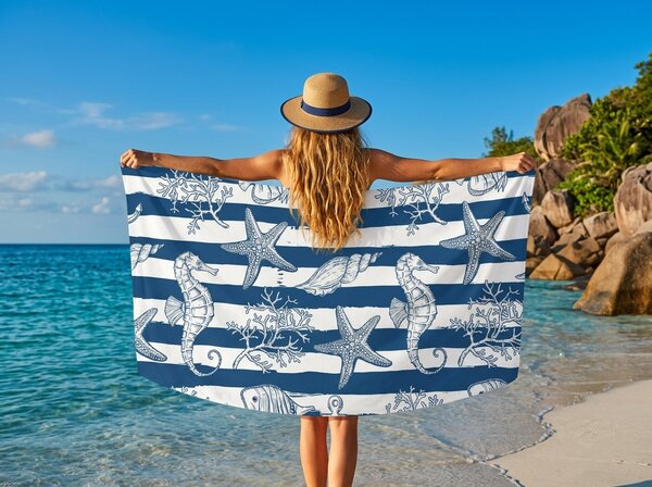 Szybkoschnący ręcznik plażowy NAUVIA niebiesko-biały 70 x 140 cm, 100% mikrofibra