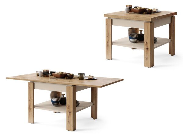 LEO Dąb Artisan/Beżowy (Szampański) - KOMPAKTOWA ŁAWA STOLIK Z ROZKŁADANYM BLATEM STÓŁ ŁAWOSTÓŁ