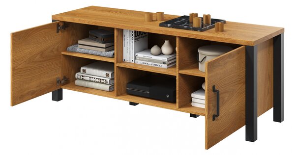 Szafka RTV Olin 41 147 cm z wnękami - dąb karmel / czarny supermat
