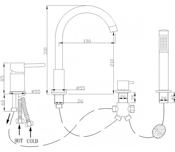 Mexen Alma bateria wannowa, chrom - 75032-00