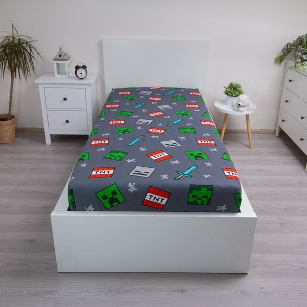 Szare bawełniane prześcieradło dziecięce jednoosobowe z gumką 90x200 cm Minecraft "We got this" – Jerry Fabrics