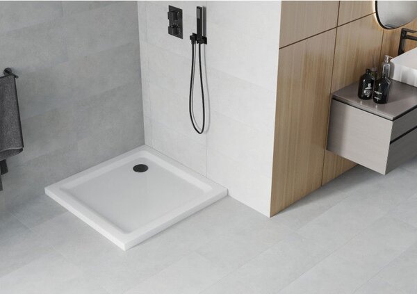 Mexen Flat brodzik kwadratowy slim 70 x 70 cm, biały, syfon czarny - 40107070B