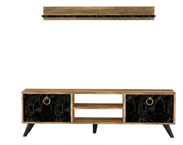 Stolik TV ZEN 160 cm z półką ścienną, dekor orzech/czarny marmur