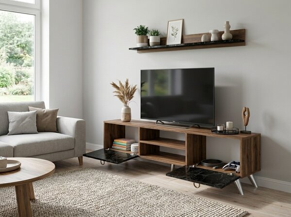 Stolik TV ZEN 160 cm z półką ścienną, dekor orzech/czarny marmur