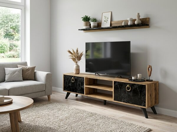 Stolik TV ZEN 160 cm z półką ścienną, dekor orzech/czarny marmur