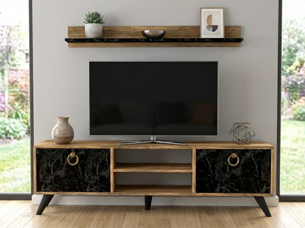 Stolik TV ZEN 160 cm z półką ścienną, dekor orzech/czarny marmur