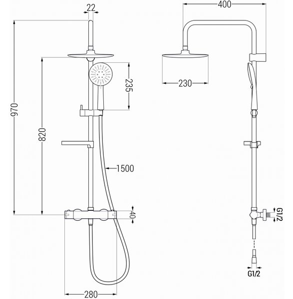 Mexen KX67 zestaw prysznicowy natynkowy z deszczownicą i baterią termostatyczną, czarny - 771506791-70