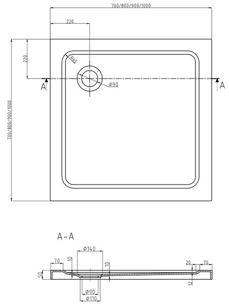 Mexen Flat brodzik kwadratowy slim 70 x 70 cm, biały, syfon chrom - 40107070