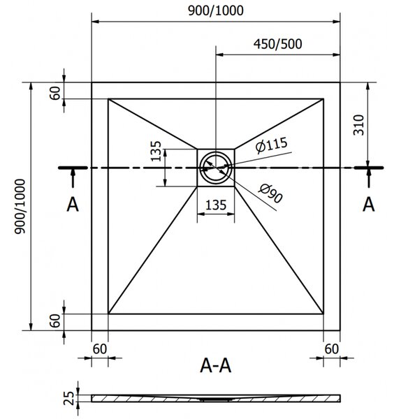 Mexen Stone+ brodzik kompozytowy kwadratowy 90 x 90 cm, biały, maskownica złota - 44109090-G