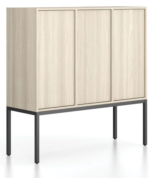 Szafa biurowa FRAME, niska, czarna podstawa, 3x drzwi, 1299 x 450 x 1331 mm, PUSH-lock, dąb naturalny