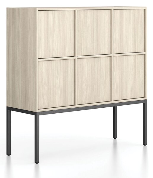 Szafa biurowa FRAME, niska, czarna podstawa, 6x drzwi, 1299 x 450 x 1331 mm, PUSH-lock, dąb naturalny