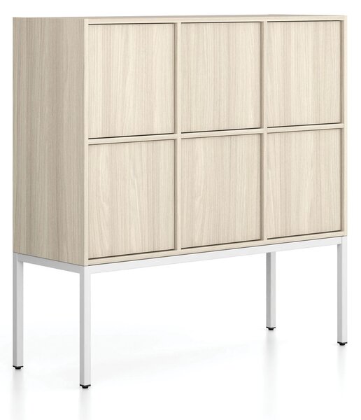 Szafa biurowa FRAME, niska, podstawa biała, 6x drzwi, 1299 x 450 x 1331 mm, PUSH-lock, dąb naturalny