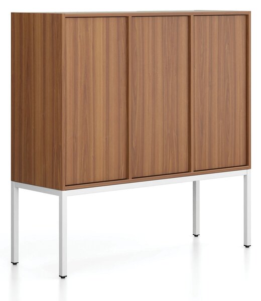 Szafa biurowa FRAME, niska, podstawa biała, 3x drzwi, 1299 x 450 x 1331 mm, PUSH-lock, orzech