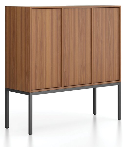 Szafa biurowa FRAME, niska, czarna podstawa, 3x drzwi, 1299 x 450 x 1331 mm, PUSH-lock, orzech