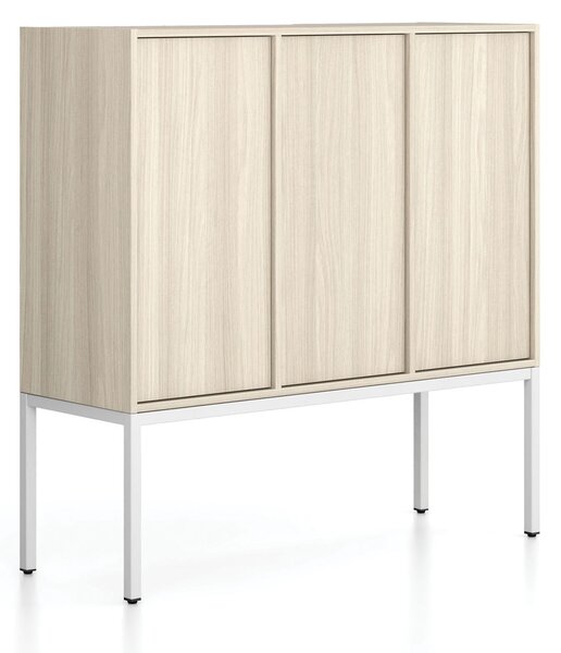 Szafa biurowa FRAME, niska, podstawa biała, 3x drzwi, 1299 x 450 x 1331 mm, PUSH-lock, dąb naturalny