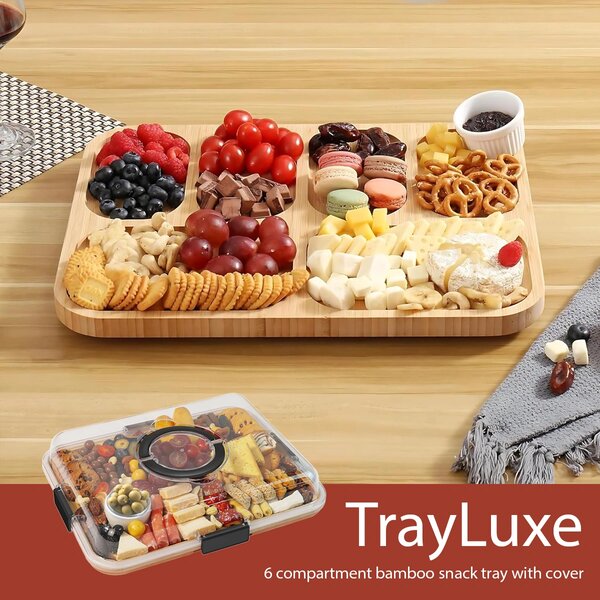 Trayluxe™ Tacka Na Przekąski Z Bambusa Z 6 Przegródkami I Pokrywą