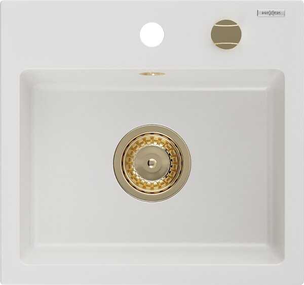 Mexen Milo zlewozmywak granitowy 1-komorowy 435 x 410 mm, biały, syfon złoty - 6505441000-20-G