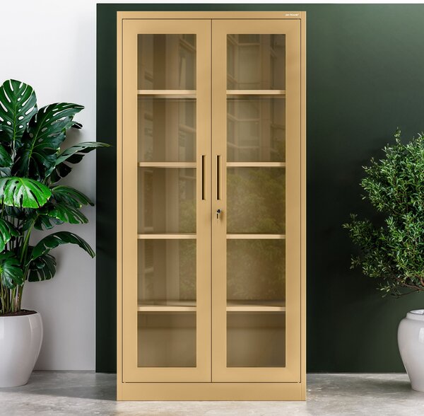 Witryna przeszklona metalowa wysoka z zamkiem beżowa, 900x1850x400 mm: AMELIA Fresh Style