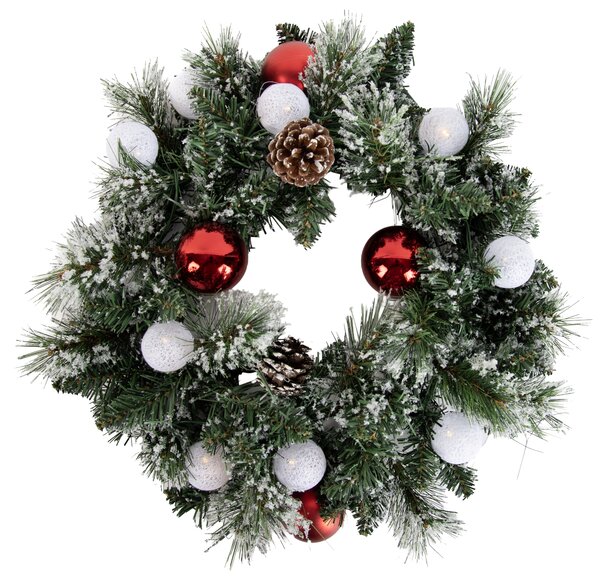 Wieniec świąteczny biały z czerwonymi elementami 45 cm z diodami LED i timerem - Jack