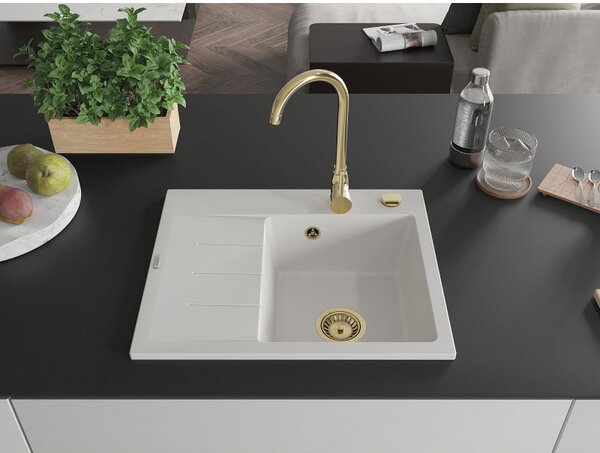 Mexen Ben zlewozmywak granitowy 1-komorowy z ociekaczem, prawy 600 x 500 mm, biały, syfon złoty - 6523605000-20-G