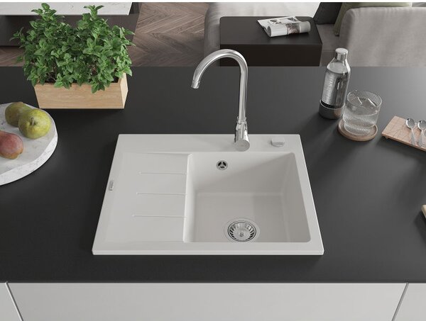 Mexen Ben zlewozmywak granitowy 1-komorowy z ociekaczem, prawy 600 x 500 mm, biały, syfon chrom - 6523605000-20