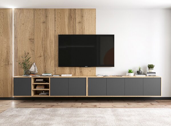 Komplet wiszących szafek rtv dąb wotan + grafit H5-D56